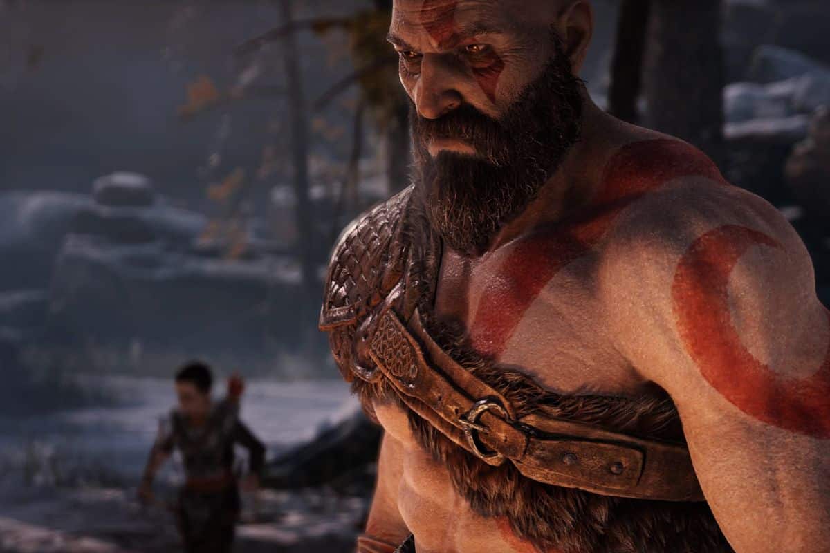 Personnage de jeu vidéo en armure, barbu.