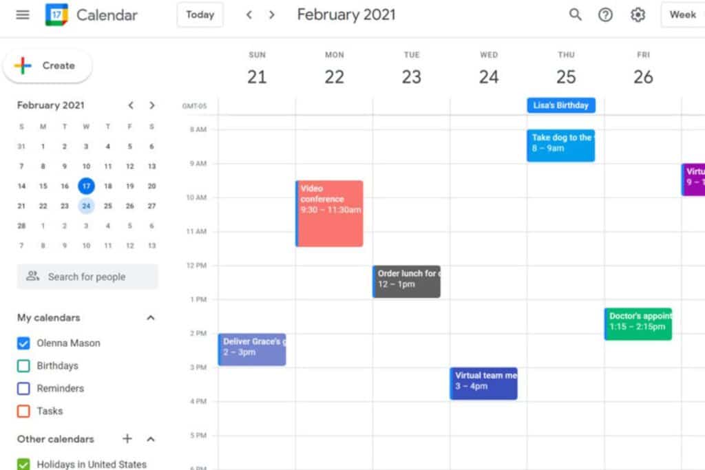 Vue calendrier hebdomadaire février 2021 avec événements colorés.