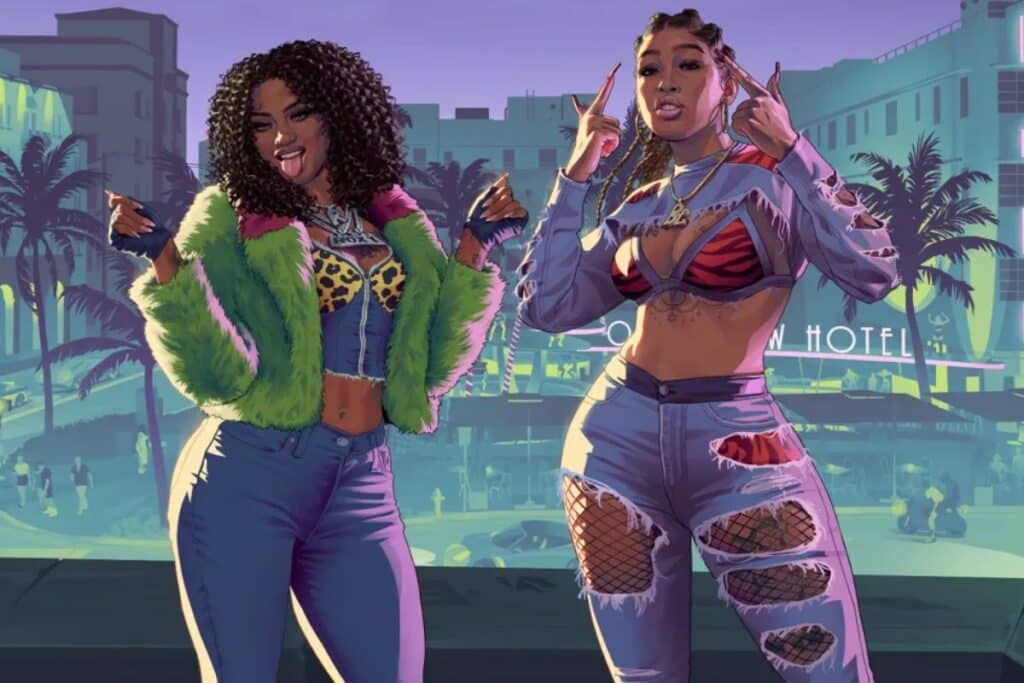 Deux femmes en vêtements colorés, style urbain, illustration.