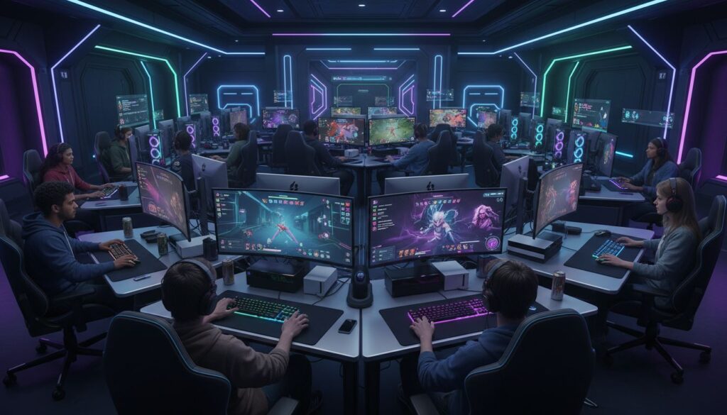 Salle de jeux avec joueurs sur ordinateurs.