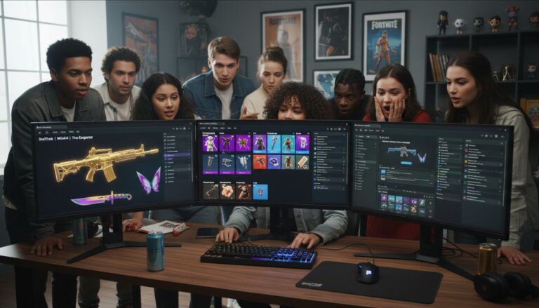 Groupe de jeunes regardant trois écrans d'ordinateur.