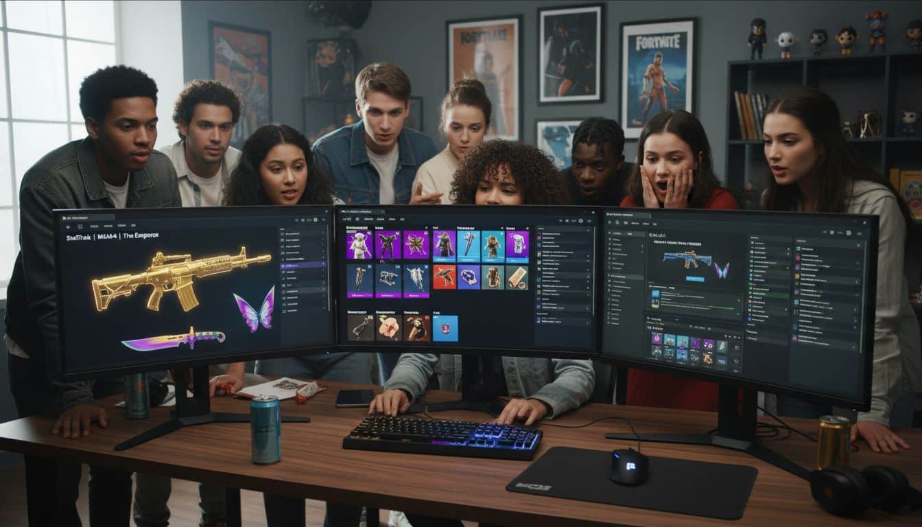 Groupe de jeunes regardant trois écrans d'ordinateur.