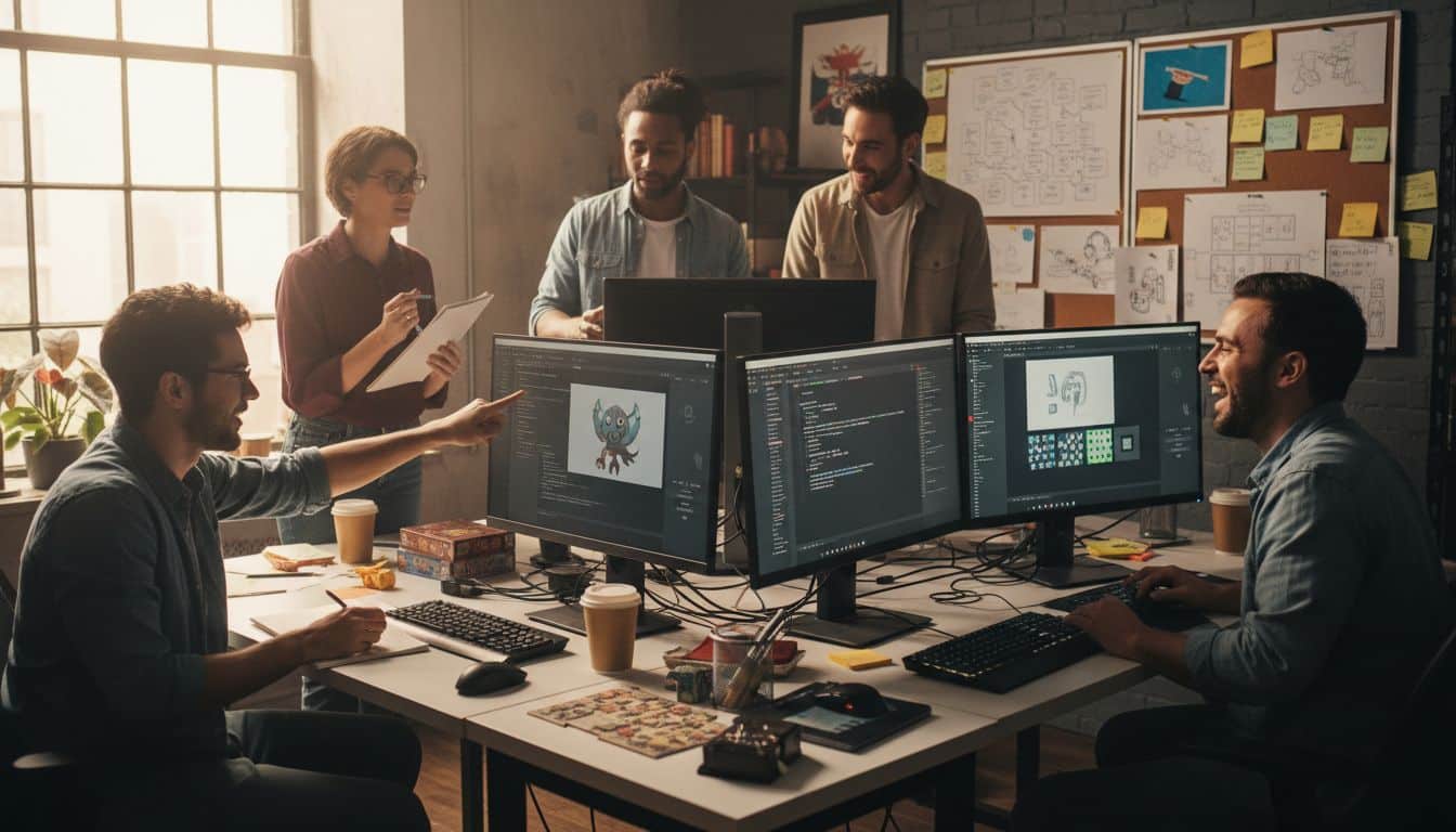 Collaboration d'équipe autour d'écrans d'ordinateur.