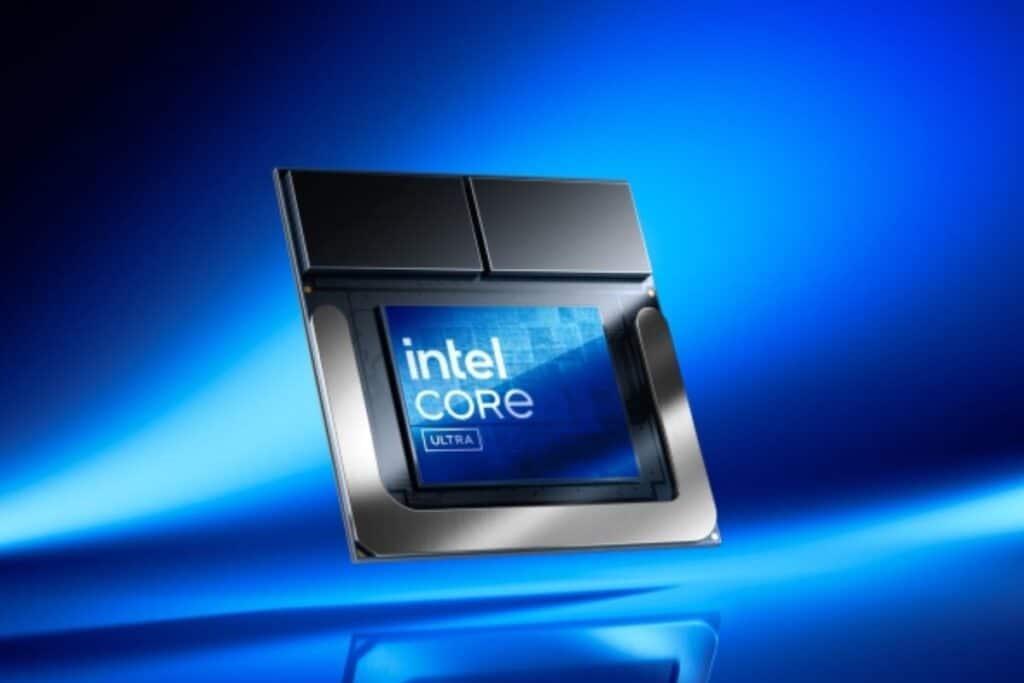 Processeur Intel Core Ultra sur fond bleu.