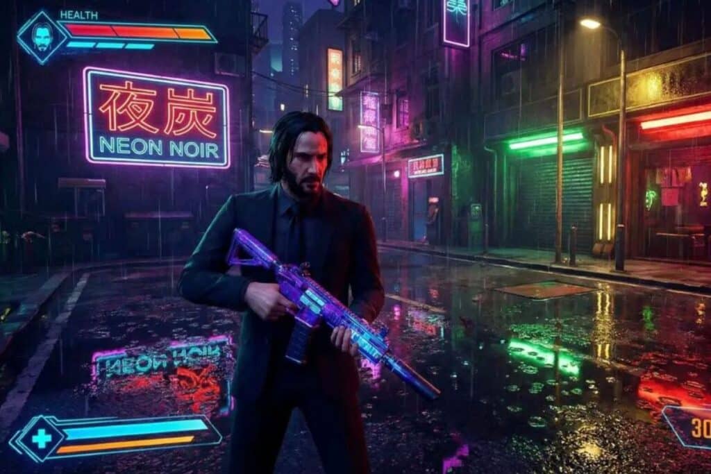 Homme armé dans rue néon sous la pluie.