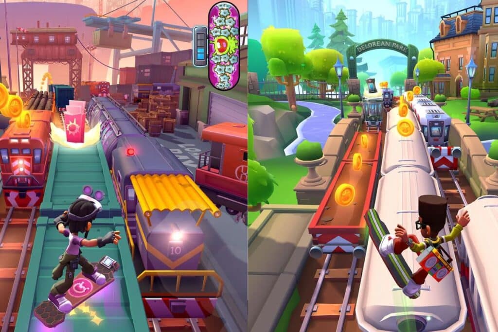 Enfants surfant sur des trains colorés.