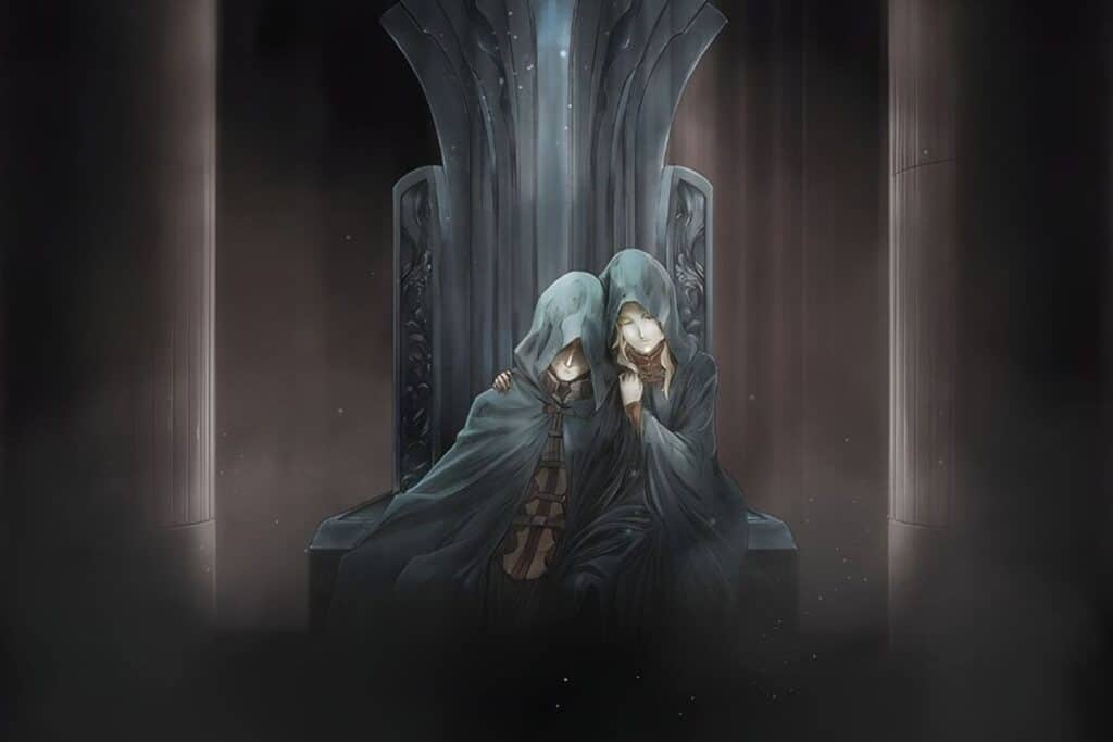 Deux personnages encapuchonnés assis sur un trône.