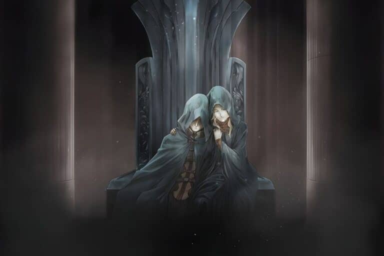 Deux personnages encapuchonnés assis sur un trône.