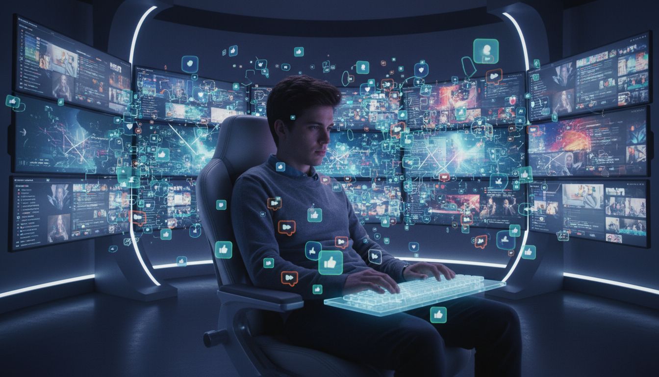 Personne devant multiples écrans avec icônes numériques.