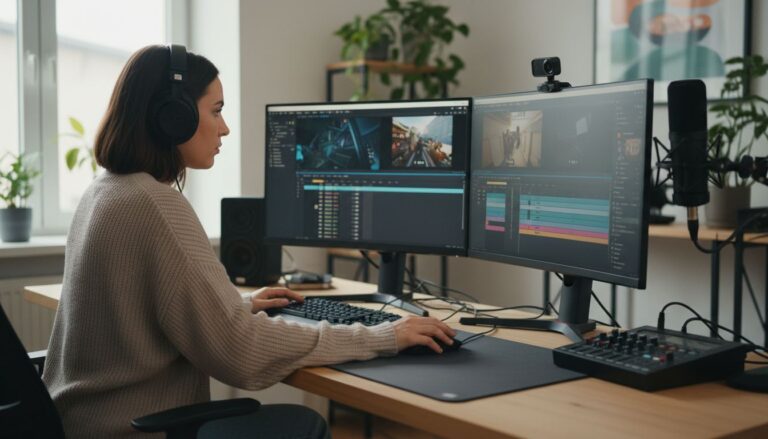 Montage vidéo sur double écran, casque sur tête