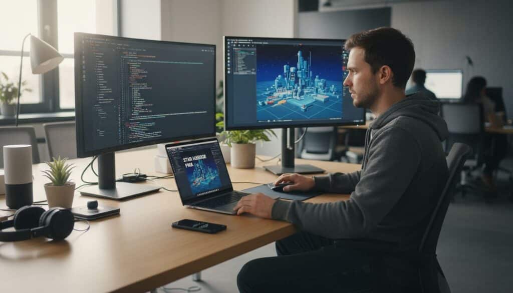 Développeur travaillant sur trois écrans dans un bureau.