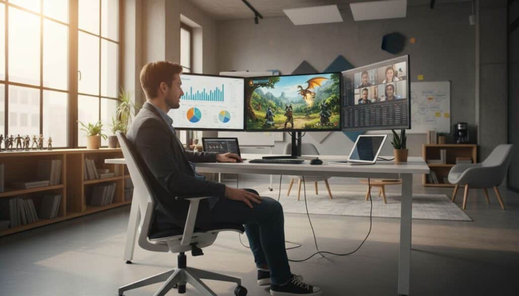 Homme travaillant sur ordinateur dans un bureau moderne.