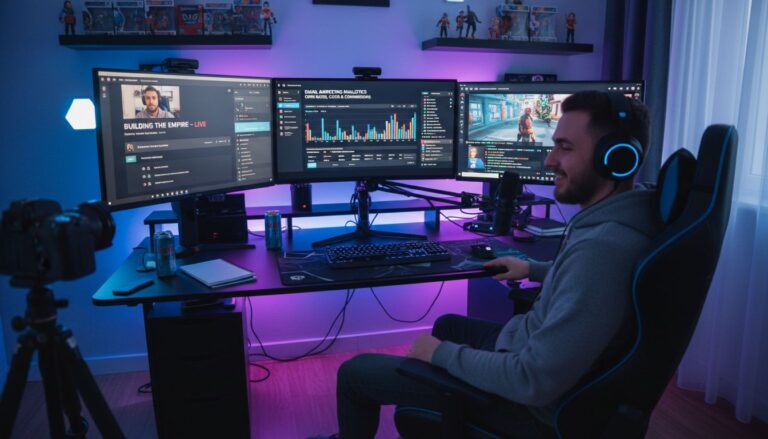 Homme souriant devant trois écrans d'ordinateur.