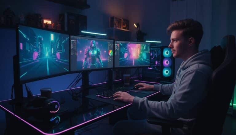 Jeune homme jouant sur trois écrans d'ordinateur.