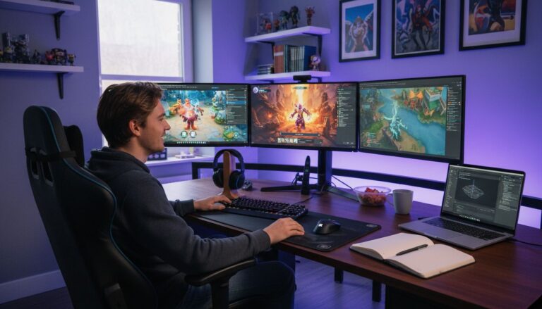 Gamer jouant sur plusieurs écrans avec clavier.