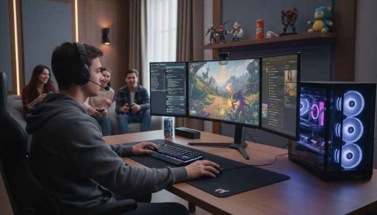 Joueur PC portant un casque, amis en arrière-plan.