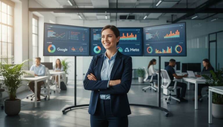 Personne souriante devant écrans, graphiques en arrière-plan.