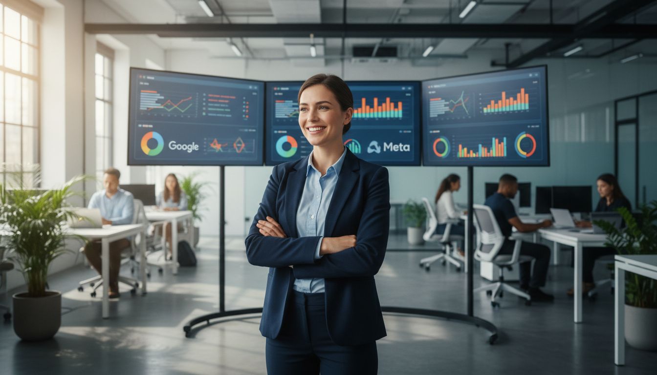 Personne souriante devant écrans, graphiques en arrière-plan.