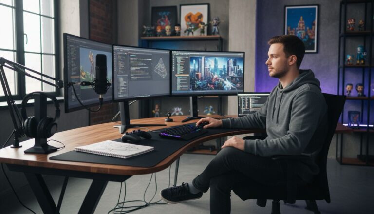 Personne travaillant sur ordinateur à trois écrans.