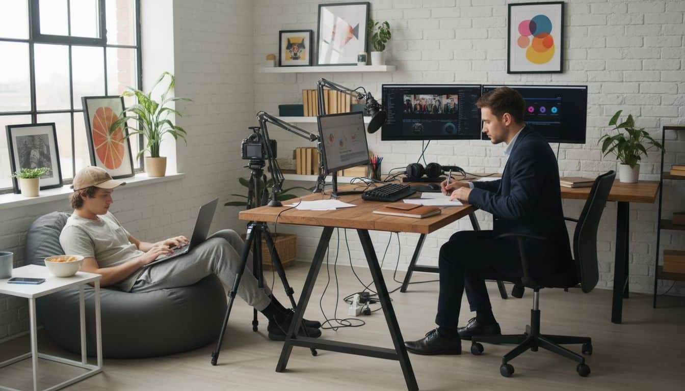 Deux hommes travaillent dans un bureau moderne.