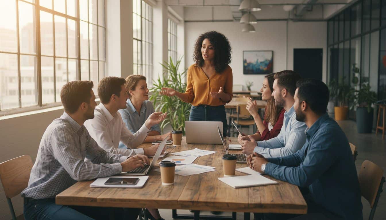 Réunion d'équipe dans un bureau moderne.