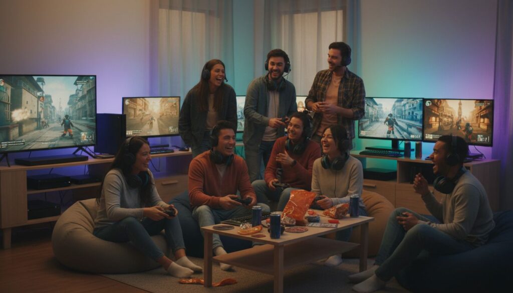 Groupe d'amis jouant à des jeux vidéo ensemble.