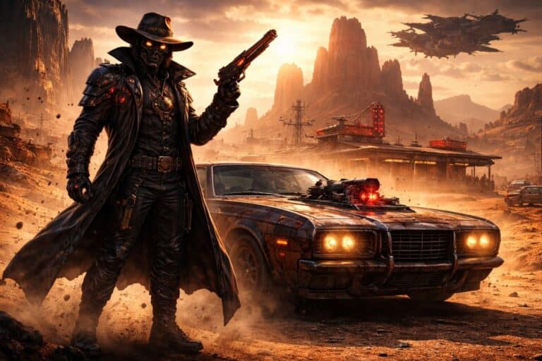 Cowboy futuriste avec voiture post-apocalyptique dans désert.