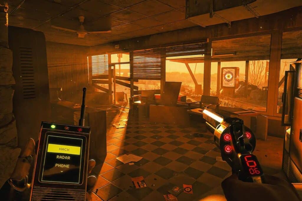 Jeu vidéo, ambiance post-apocalyptique, lumière orange, intérieur.