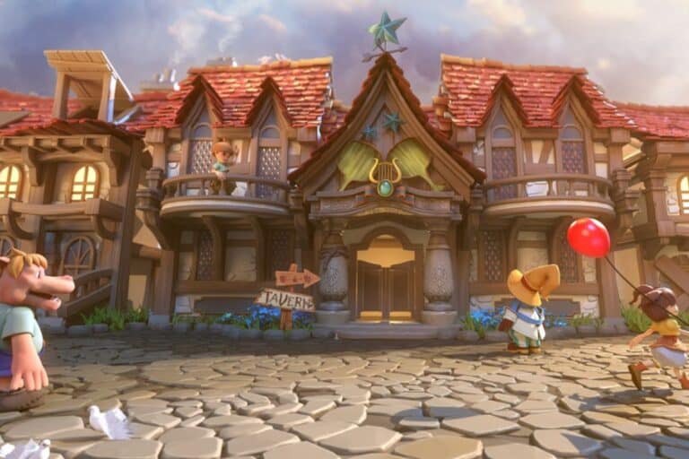 Taverne médiévale avec personnages animés devant.