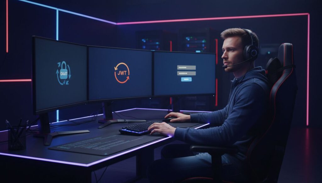 Personne travaillant sur ordinateur à trois écrans.