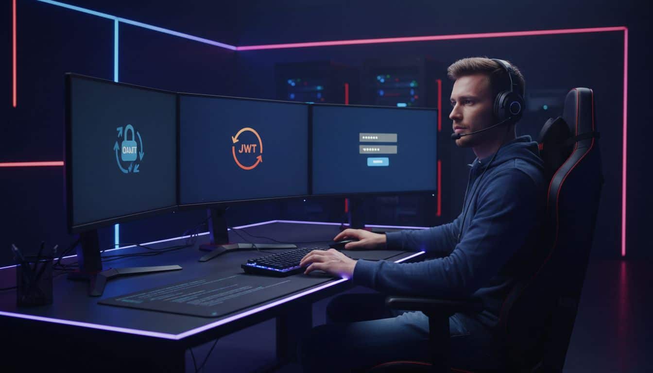 Personne travaillant sur ordinateur à trois écrans.