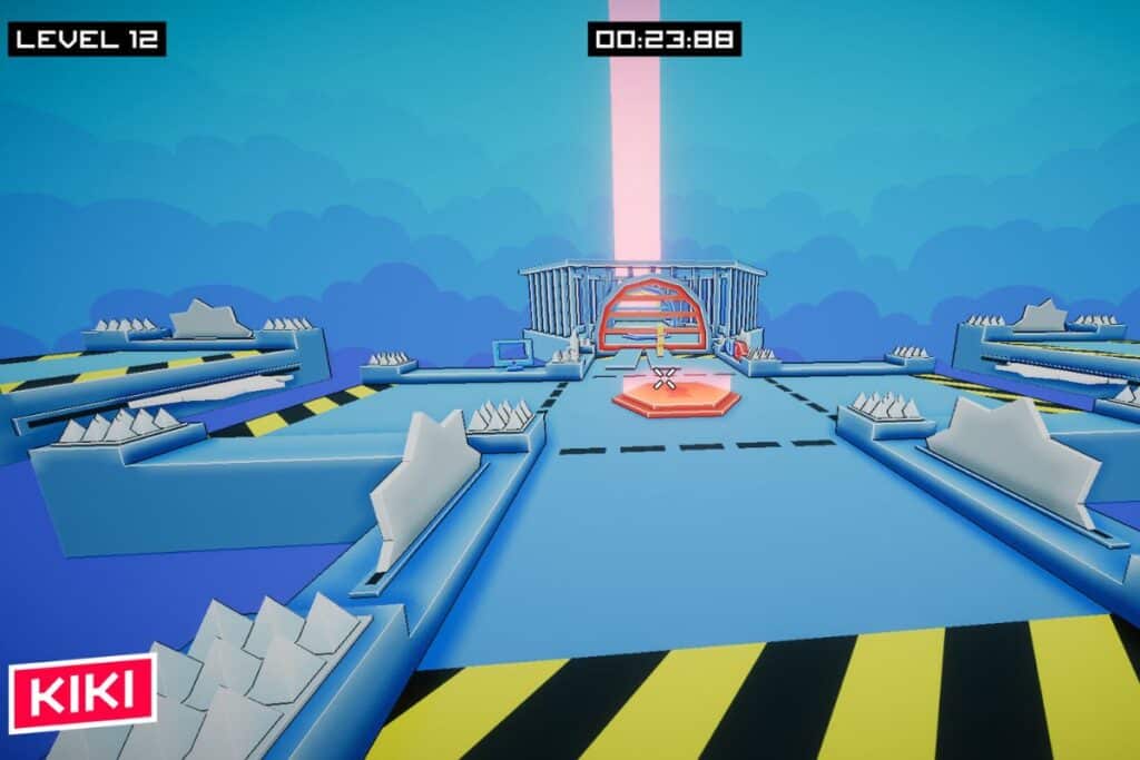 Niveau de jeu avec obstacles et chronomètre.