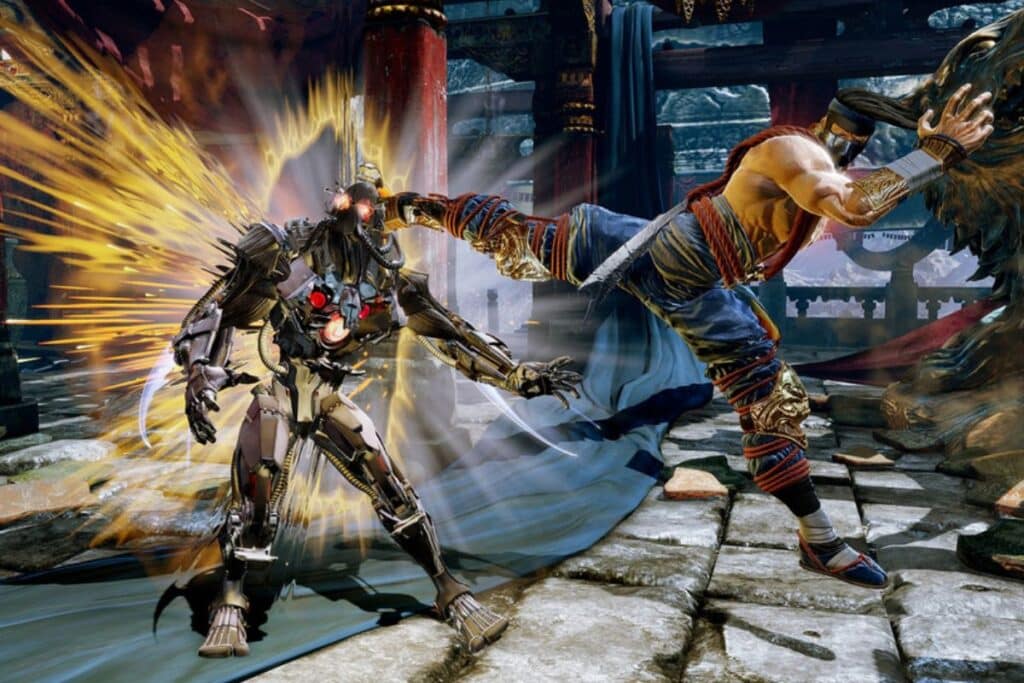 Combat de robots et ninja dans un temple