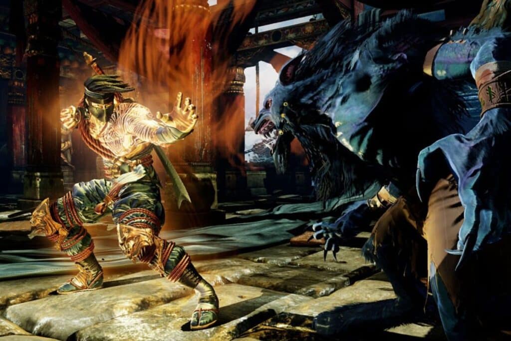 Combat intense entre guerrier et créature monstrueuse.