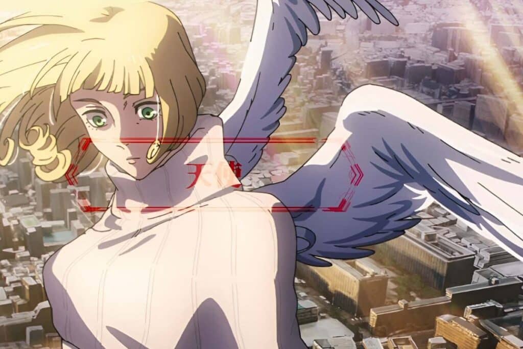 Personnage anime ailé survolant la ville.