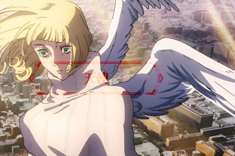 Personnage anime ailé survolant la ville.