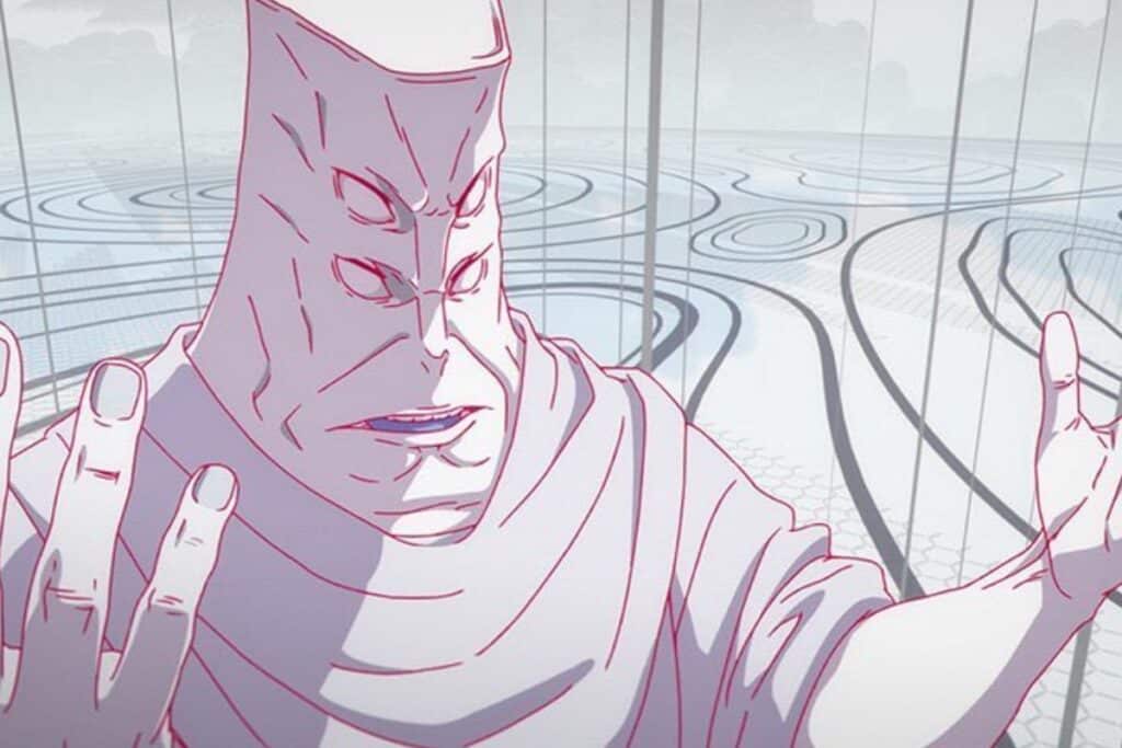 Personnage animé mystérieux dans un décor futuriste.