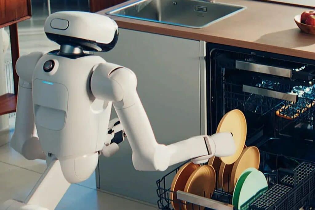 Robot chargeant un lave-vaisselle dans la cuisine.