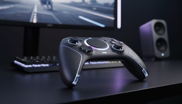 Manette de jeu sur un bureau moderne.