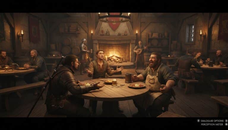 Taverne médiévale avec convives autour d'une table.