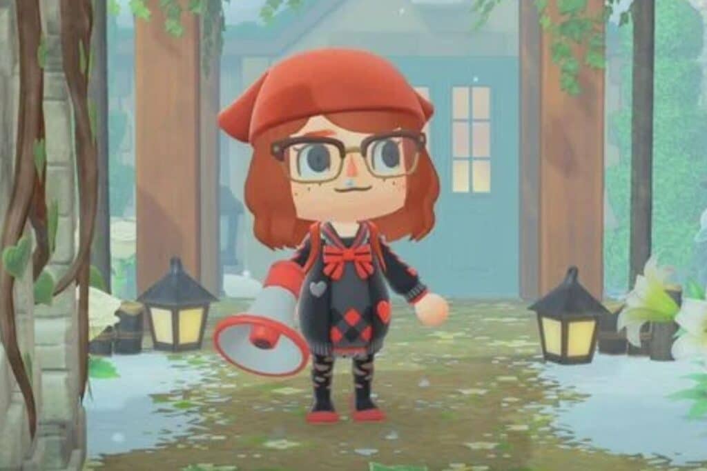 Personnage Animal Crossing devant une maison.