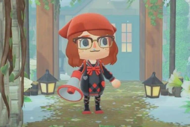 Personnage Animal Crossing devant une maison.