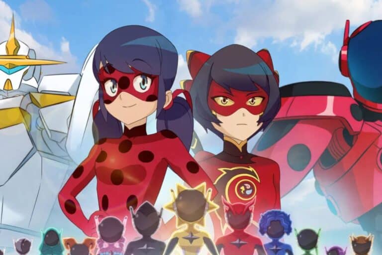 Héros animés avec robots en arrière-plan.