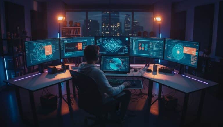 Personne travaillant sur six écrans d'ordinateur.