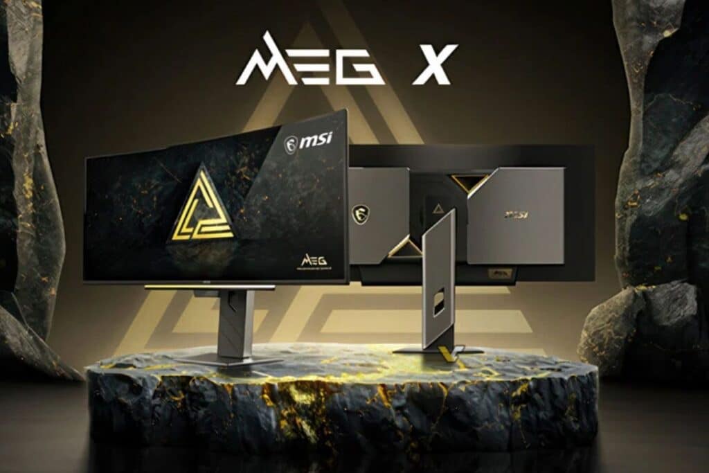 Moniteur MSI MEG X sur socle rocheux élégant.