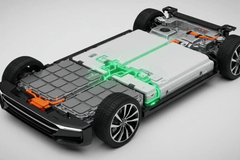 Batterie de voiture électrique avec châssis visible.