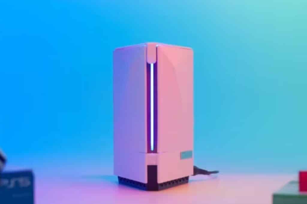 Routeur moderne sur fond bleu et rose.