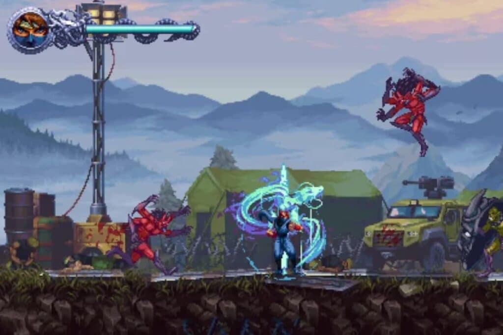 Jeu de combat rétro avec créatures et pouvoirs spéciaux.