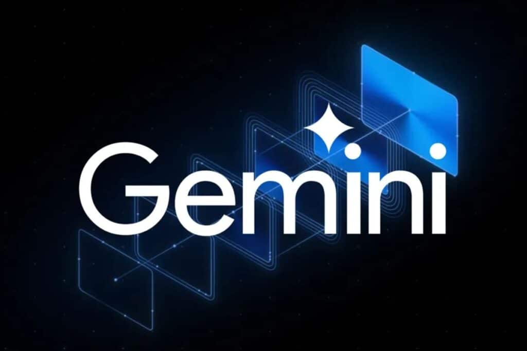 Logo Gemini sur fond sombre avec formes géométriques.