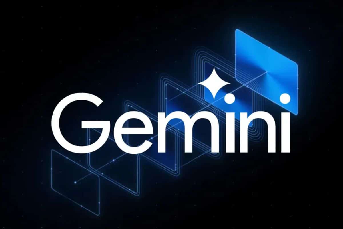 Logo Gemini sur fond sombre avec formes géométriques.